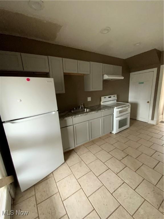 419 Vine St, East Liverpool, OH 43920 - kitchen with light tile patterned flooring, under cabinet range hood, a sink, and white appliances