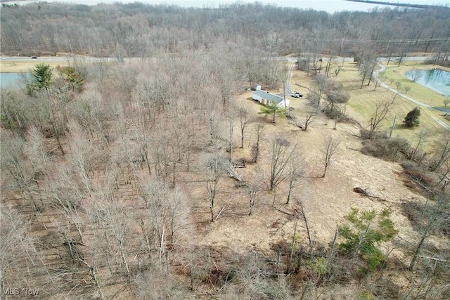 birds eye view of property featuring a wooded view