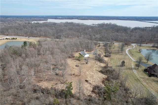 birds eye view of property featuring a water view and a wooded view