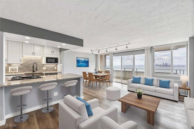 living area featuring a textured ceiling, wood finished floors, and recessed lighting