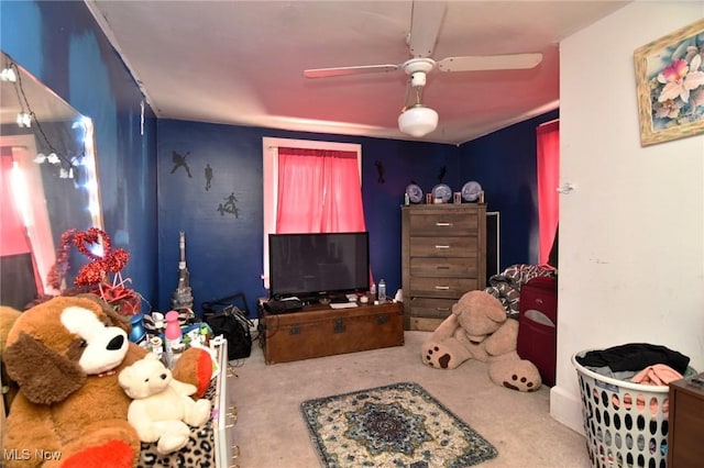 carpeted bedroom with ceiling fan