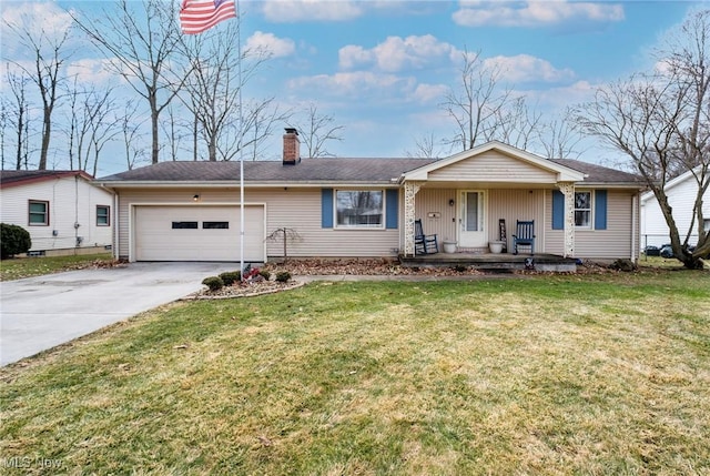 ranch-style home with a chimney, covered porch, an attached garage, driveway, and a front lawn