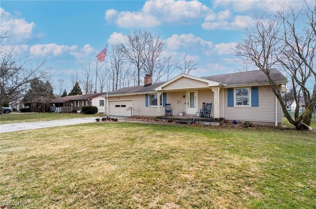 single story home with covered porch, concrete driveway, a front lawn, and a garage