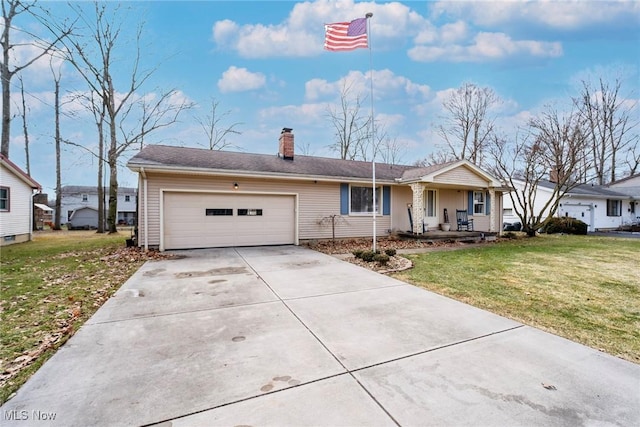 single story home with an attached garage, covered porch, driveway, a front lawn, and a chimney