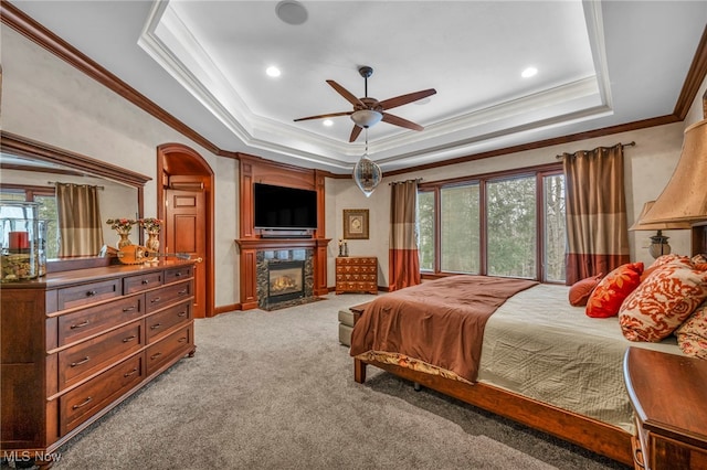 bedroom with light colored carpet, a tray ceiling, and multiple windows