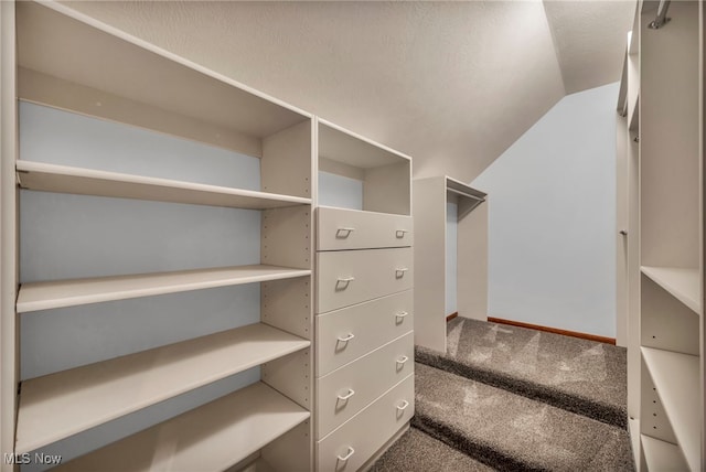 spacious closet with carpet and vaulted ceiling