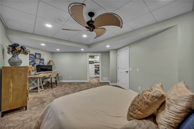 bedroom with carpet flooring, recessed lighting, a paneled ceiling, and baseboards