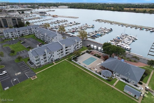 birds eye view of property featuring a water view