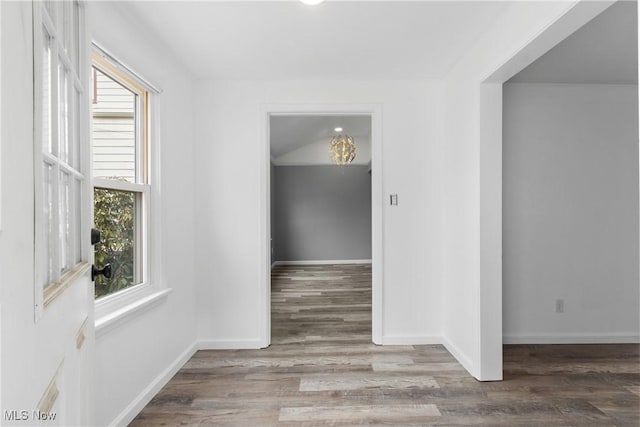 interior space featuring vaulted ceiling, baseboards, and wood finished floors