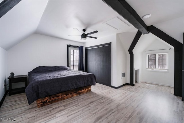 4649 State Route 305, Southington, OH 44470 - bedroom featuring visible vents, baseboards, light wood-style flooring, ceiling fan, and vaulted ceiling with beams