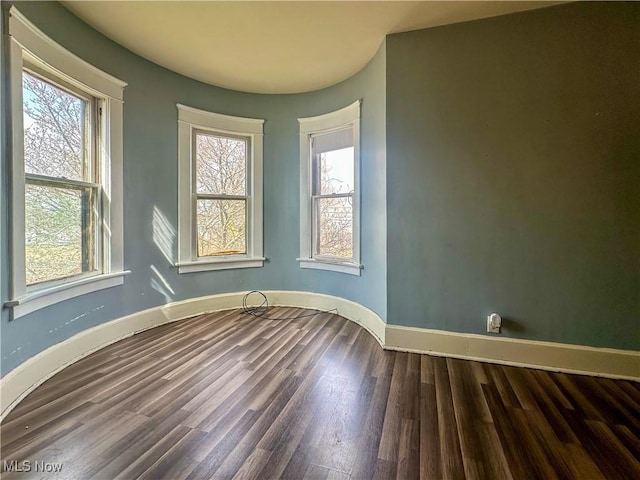 empty room featuring plenty of natural light, baseboards, and wood finished floors