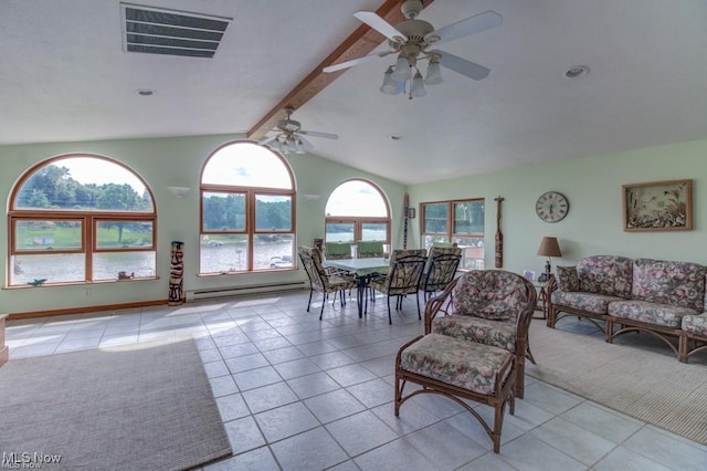 382 E Mohawk Dr, Malvern, OH 44644 - tiled living room with a baseboard heating unit and a ceiling fan