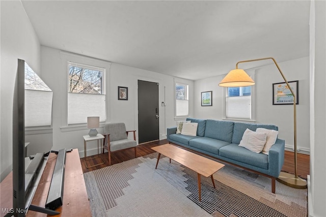 living area featuring baseboards and wood finished floors