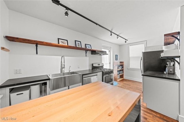 kitchen featuring under cabinet range hood, wood finished floors, a sink, appliances with stainless steel finishes, and open shelves