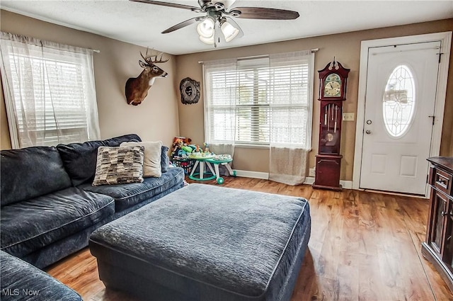 living room featuring ceiling fan, light wood-style flooring, and baseboards