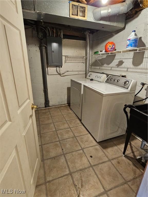 laundry room featuring electric panel, visible vents, separate washer and dryer, and laundry area