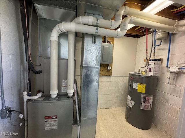 utility room with electric panel and water heater