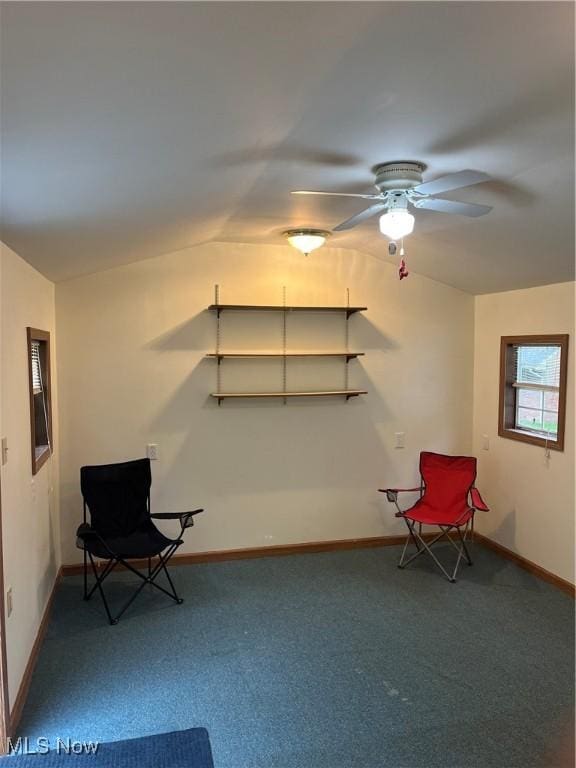 943 Pine St, Belpre, OH 45714 - sitting room featuring vaulted ceiling, carpet floors, baseboards, and ceiling fan