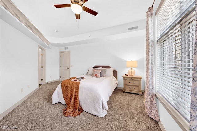 bedroom featuring visible vents, multiple windows, carpet, and a raised ceiling