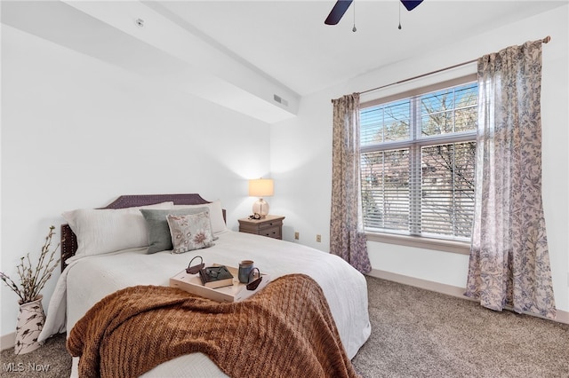 bedroom featuring carpet flooring, visible vents, and ceiling fan