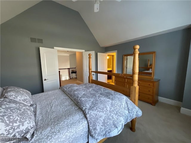 bedroom featuring carpet, visible vents, ceiling fan, high vaulted ceiling, and baseboards