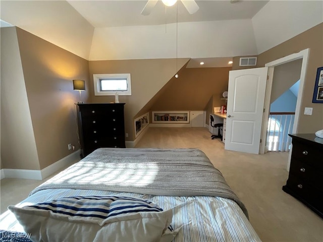 bedroom featuring baseboards, visible vents, and light colored carpet