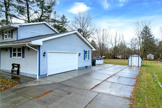 view of side of home with a garage, a storage shed, an outdoor structure, concrete driveway, and a yard