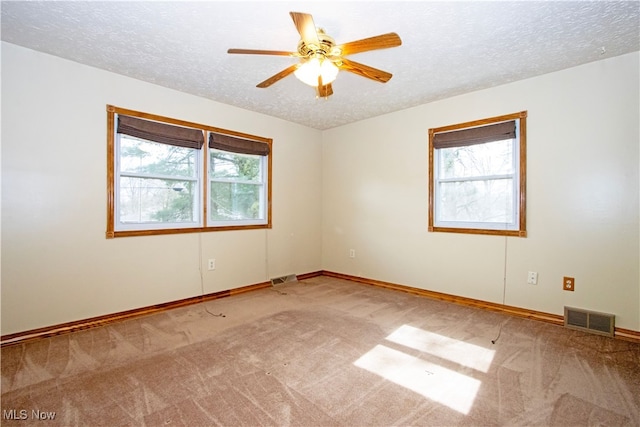 carpeted empty room with a wealth of natural light, visible vents, and a textured ceiling