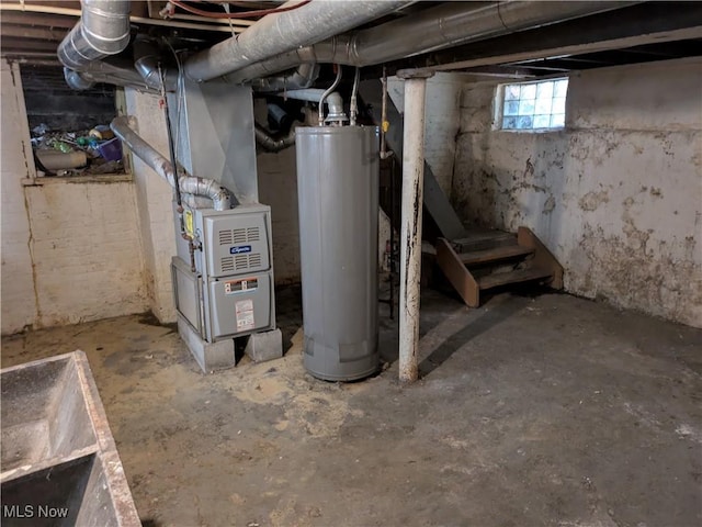 basement with water heater and heating unit