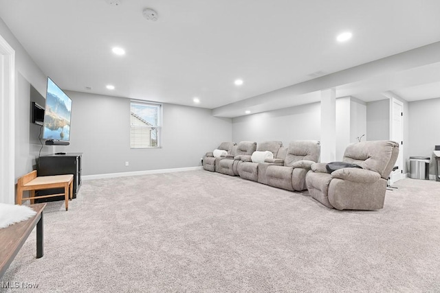 carpeted cinema room featuring baseboards and recessed lighting