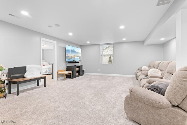 living room featuring carpet floors, recessed lighting, visible vents, and baseboards