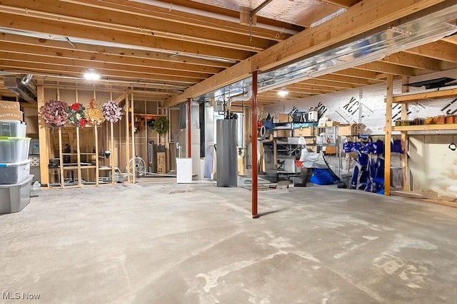 unfinished basement featuring water heater and heating unit