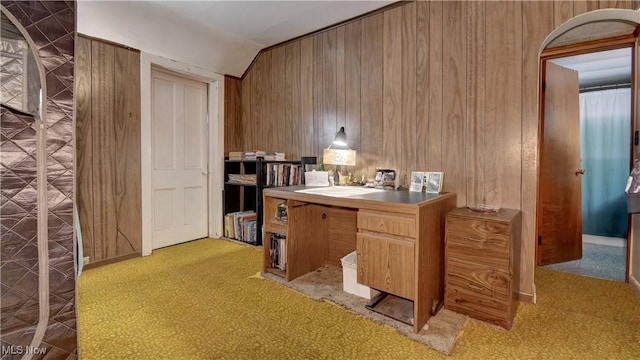 kitchen featuring lofted ceiling and wooden walls