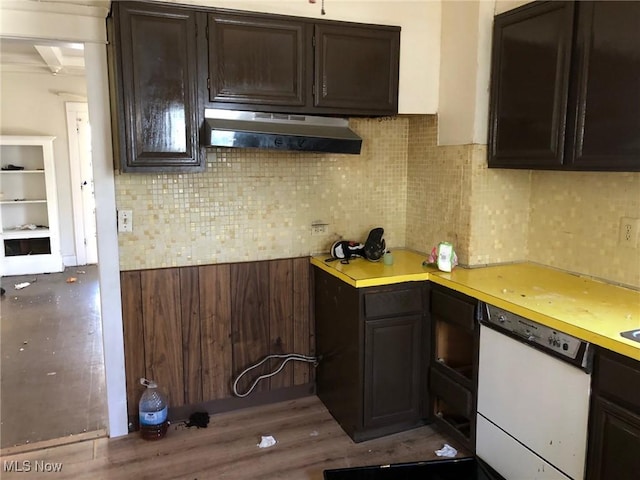 kitchen featuring light countertops, white dishwasher, decorative backsplash, and under cabinet range hood