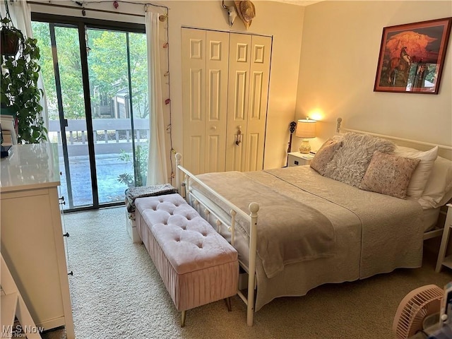 bedroom with carpet floors, access to exterior, and a closet