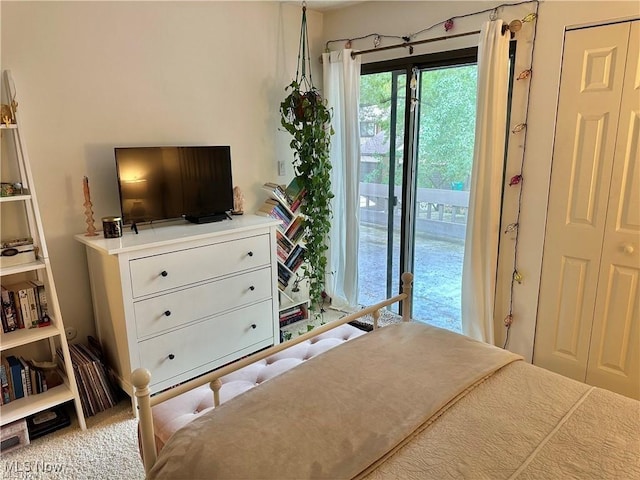 bedroom featuring access to exterior and light colored carpet