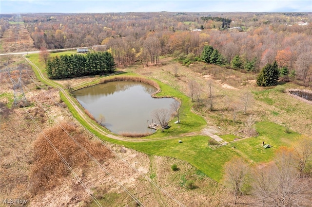 birds eye view of property with a water view and a wooded view