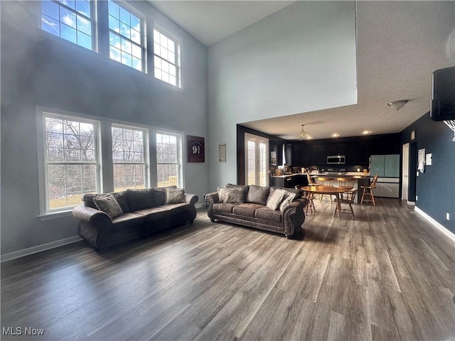 living room with a healthy amount of sunlight, dark wood finished floors, and baseboards