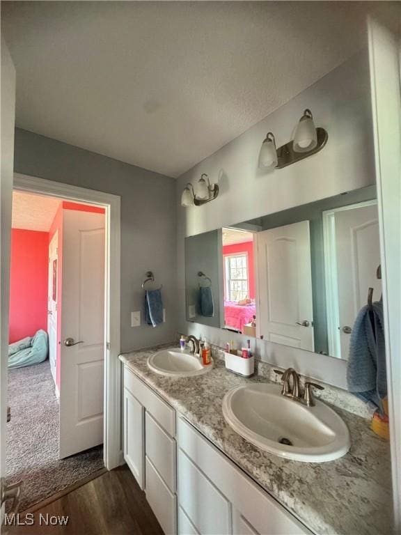 full bathroom featuring double vanity, wood finished floors, and a sink