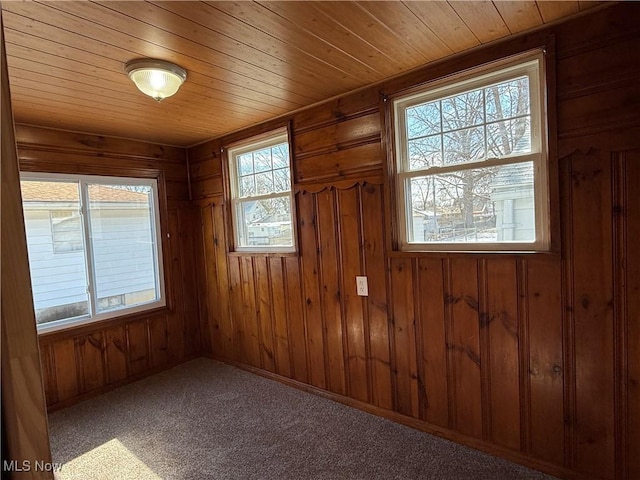 empty room featuring wooden ceiling, carpet flooring, and wooden walls