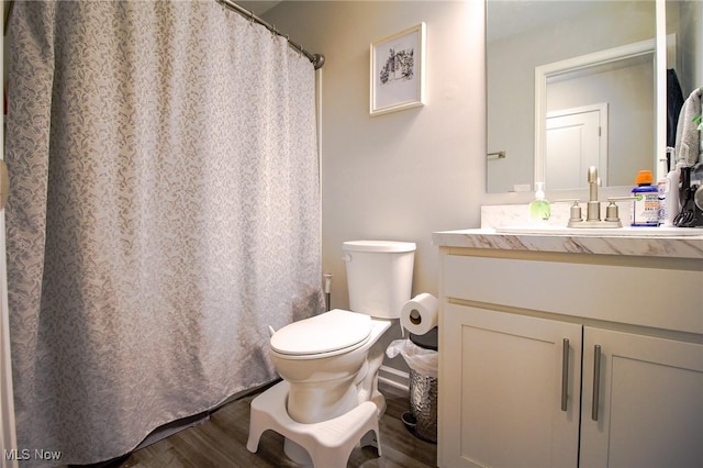 bathroom with toilet, wood finished floors, and vanity