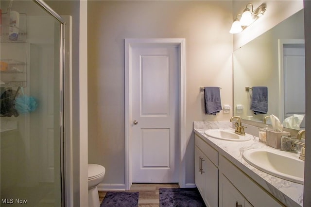 full bath featuring a stall shower, a sink, toilet, and double vanity