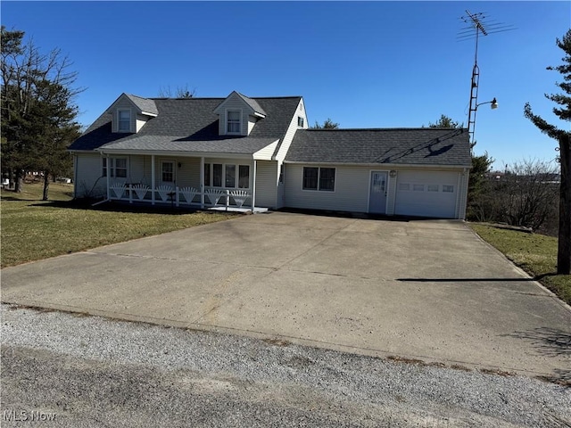 view of front of property with covered porch, a garage, a shingled roof, concrete driveway, and a front lawn