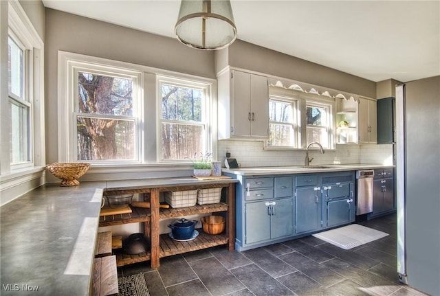 kitchen with a sink, stainless steel countertops, backsplash, and stainless steel dishwasher