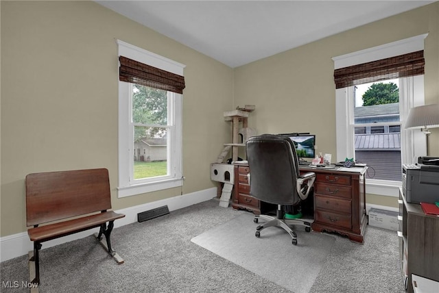 office featuring carpet floors, plenty of natural light, visible vents, and baseboards