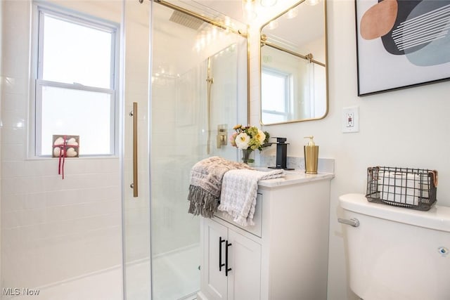 full bathroom featuring vanity, a shower stall, and toilet