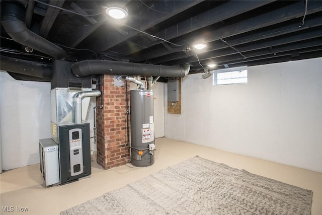 basement with heating unit, electric panel, and gas water heater