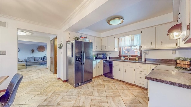 kitchen featuring dishwashing machine, a sink, black fridge with ice dispenser, wall chimney range hood, and dark countertops