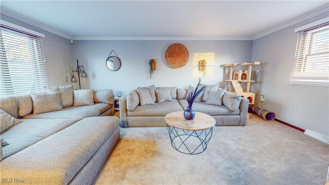 living room with visible vents, baseboards, crown molding, and carpet flooring