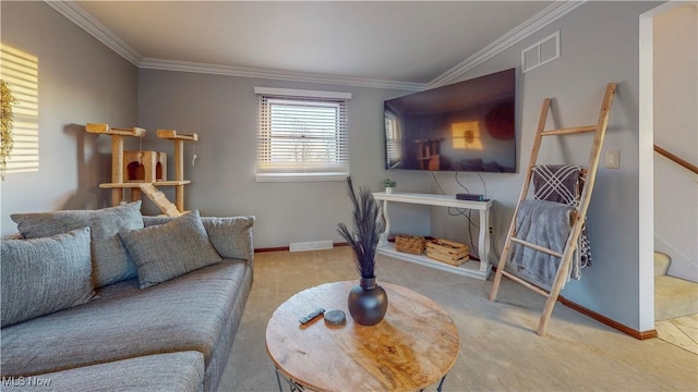 living area featuring stairs, baseboards, visible vents, and crown molding